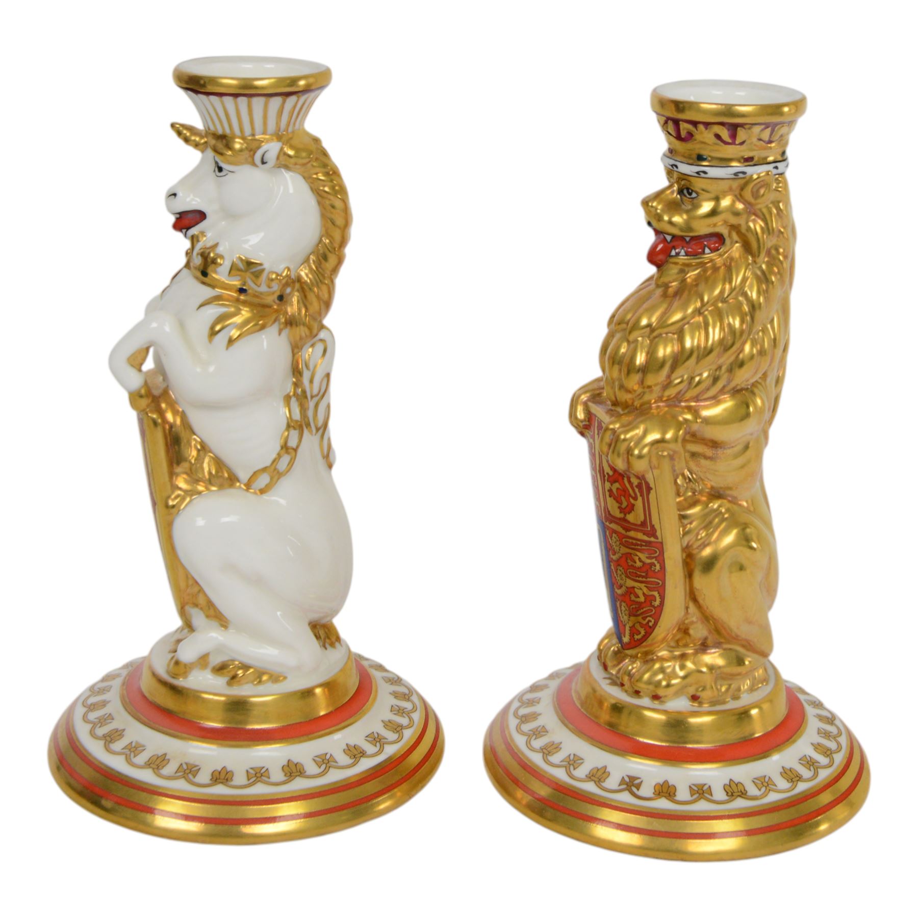 Pair of Minton Mulberry Hall , Queens Beasts silver jubilee commemorative candlesticks, with certificate 180/250, H16cm