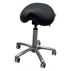 Score - contemporary 'Amazone' saddle stool, upholstered in black leatherette with adjustable height and tilt mechanism, raised on chrome spoke base fitted with castors