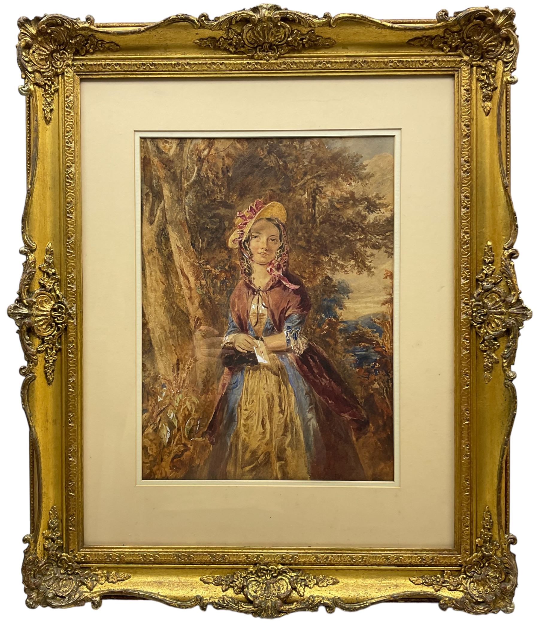 Octavius Oakley RWS (British 1800-1867): Portrait of a Lady holding a Letter, thought to be Dolly Varden, watercolour unsigned 40cm x 29cm 
Provenance: with Christie's 18th September 1996 Lot 237