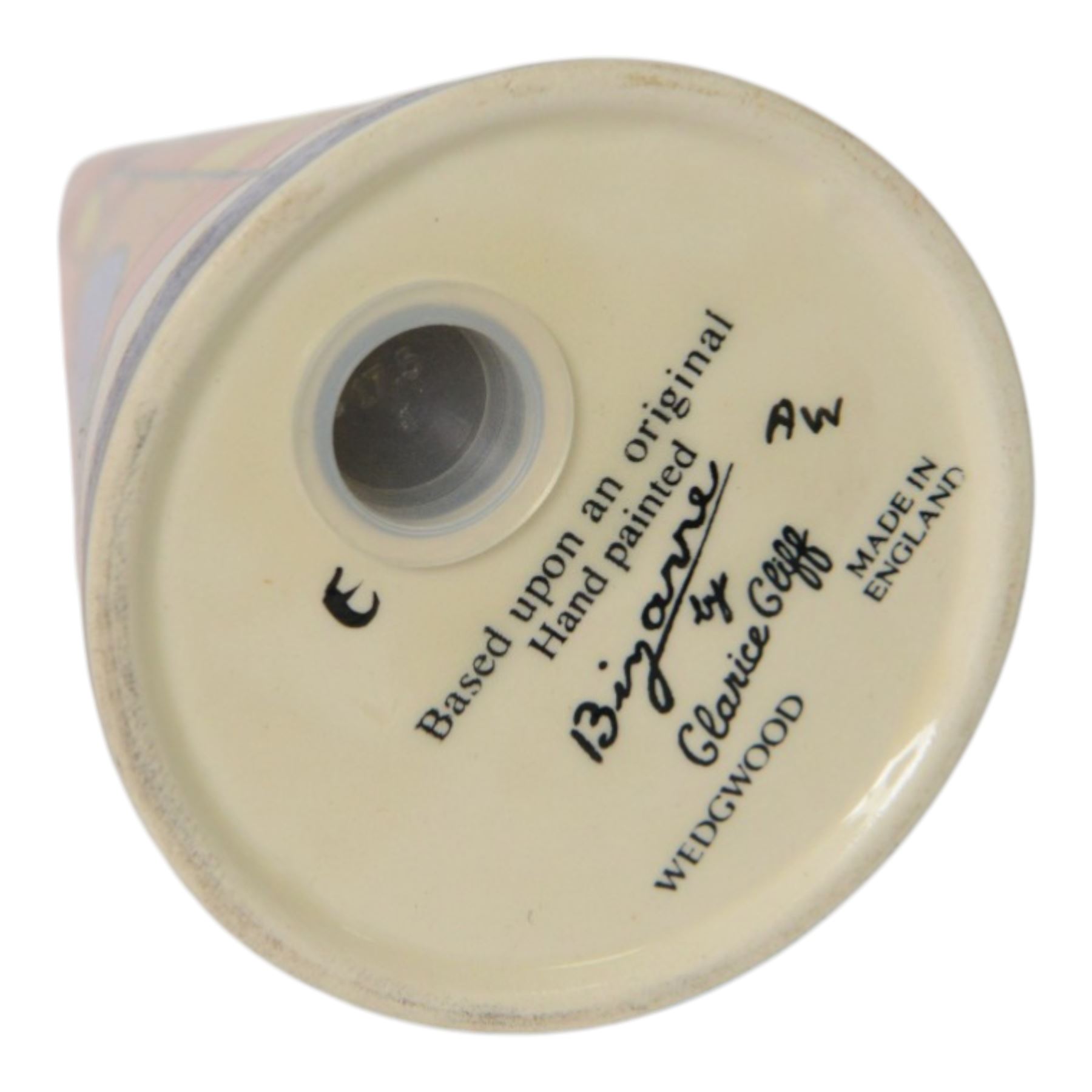 Wedgwood Bizarre by Clarice Cliff, four Conical Sugar shakers, comprising May Avenue, Trees and House, Sliced Circle and Orange Roof Cottage, all with certificates and boxes 