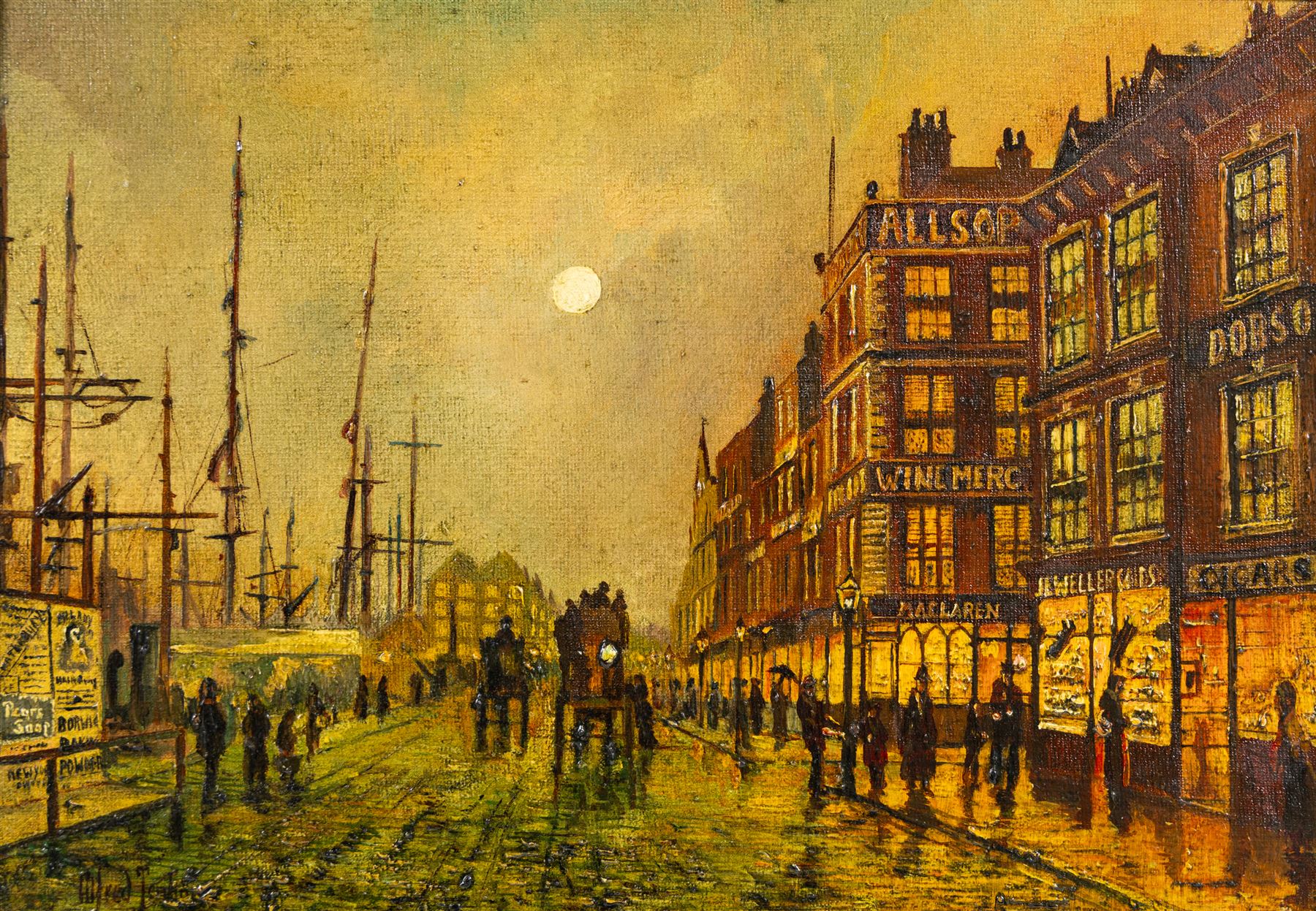 Wilfred Bosworth Jenkins (British 1857-1936): Liverpool Quay by Moonlight, oil on board signed 24cm x 35cm 
Notes: the composition is borrowed from Jon Atkinson Grimshaw's painting of the same title, now in the Tate Britain collection; Jenkins was a pupil of Grimshaw.
