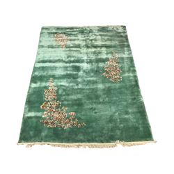 Mid-20th century Chinese woollen rug, deep turquoise ground decorated with trailing flowers