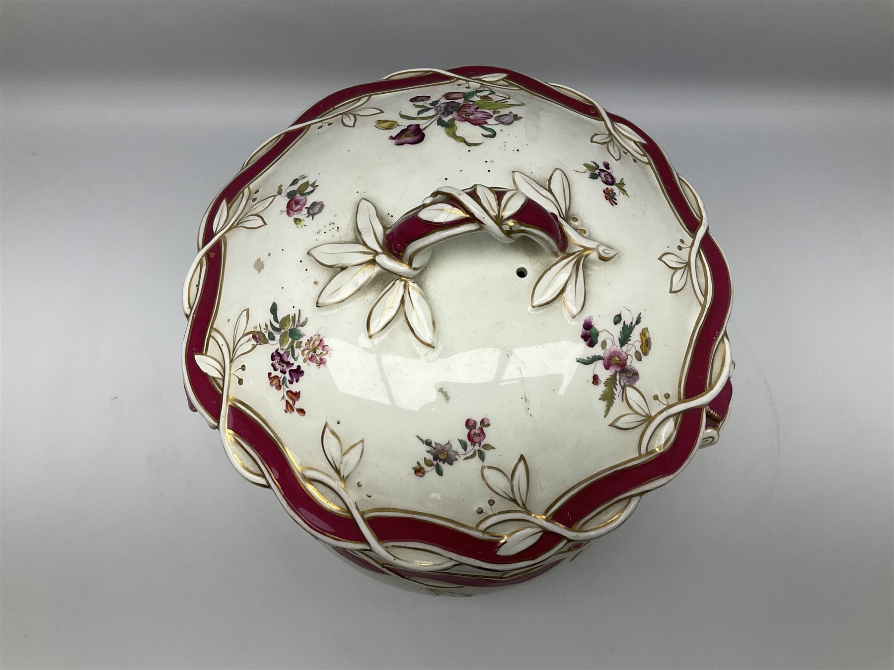 Large Victorian twin handled water pail and cover, of slightly bellied form decorated with floral sprays and moulded vine and ribbon detail, H36.5cm