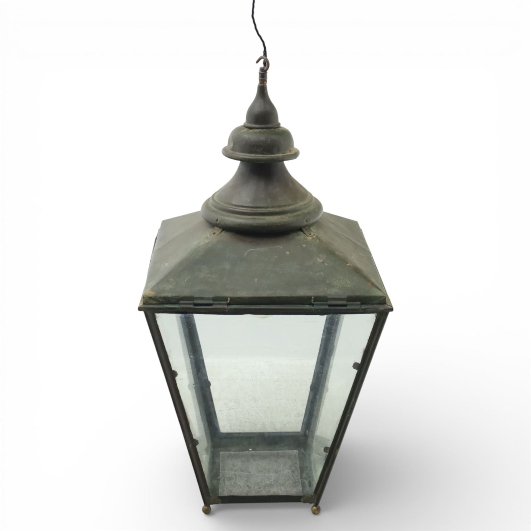 Victorian verdigris copper street lantern, now converted, of typical tapering form with four glazed panes, H84.5cm W43cm