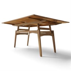 20th century Scandinavian limed oak metamorphic dining-to-coffee table, the rectangular extending top with draw-leaf sides, over an adjustable-height action base, on splayed supports united by stretchers