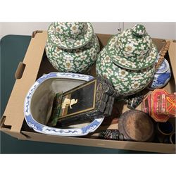 Collection of Asian items, including a pair of Prunus vases, a  blue and white teapot, lacquered screen with Mughal paintings etc