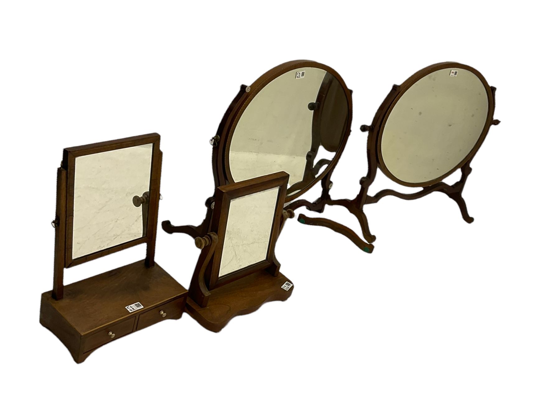 Early 20th century oval mahogany dressing table mirror (W82cm), a similar dressing table mirror, and two small 19th century swing mirrors (4)