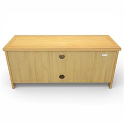Contemporary oak television media cabinet, rectangular top fitted with two cupboards and central open shelf