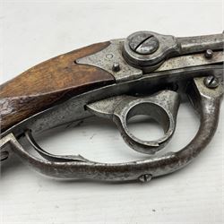 Mid-19th century military Model 1841 Bavarian Lindner style breech loading percussion pistol dated 1842, approximately 16mm cal., 21.5cm rifled octagonal barrel with fixed front and rear sights, unusual under action percussion hammer, profuse ordnance marks and repeated serial number B-249; two stamps to wooden stock L47cm overall