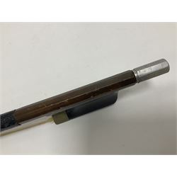 Wooden double bass bow with a mother of pearl inlay to the frog Length 71cm