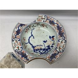 19th Century Imari pattern Japanese blood letting bowl, together with 19th century chinese blue and white square dish with decorated with blossoming flowers, together with thee blue and white saucers 