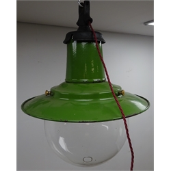  Green enamel industrial pendant light fitting with clear glass globular shade, H50cm (re-wired)  