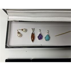 Pair of 9ct gold pearl stud earrings, silver jewellery including Wedgewood Jasperware pendant and brooch, bracelet, coin charm bracelet and three stone set pendants, etc, a collection of loose stones and cameos and a miniature silver scent bottle
