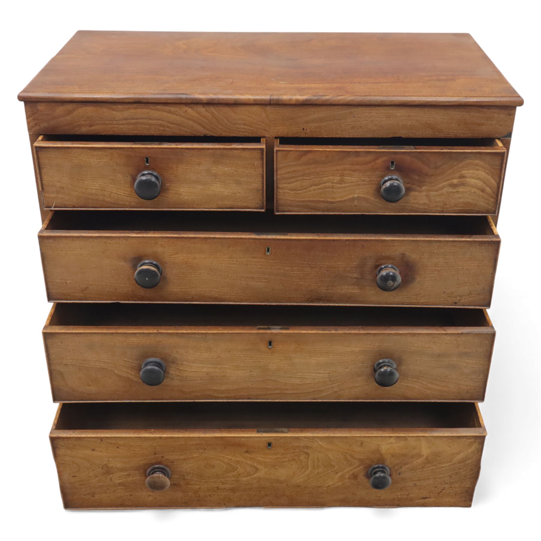 19th century mahogany chest, fitted with two short over three long cock-beaded drawers, turned wooden handles