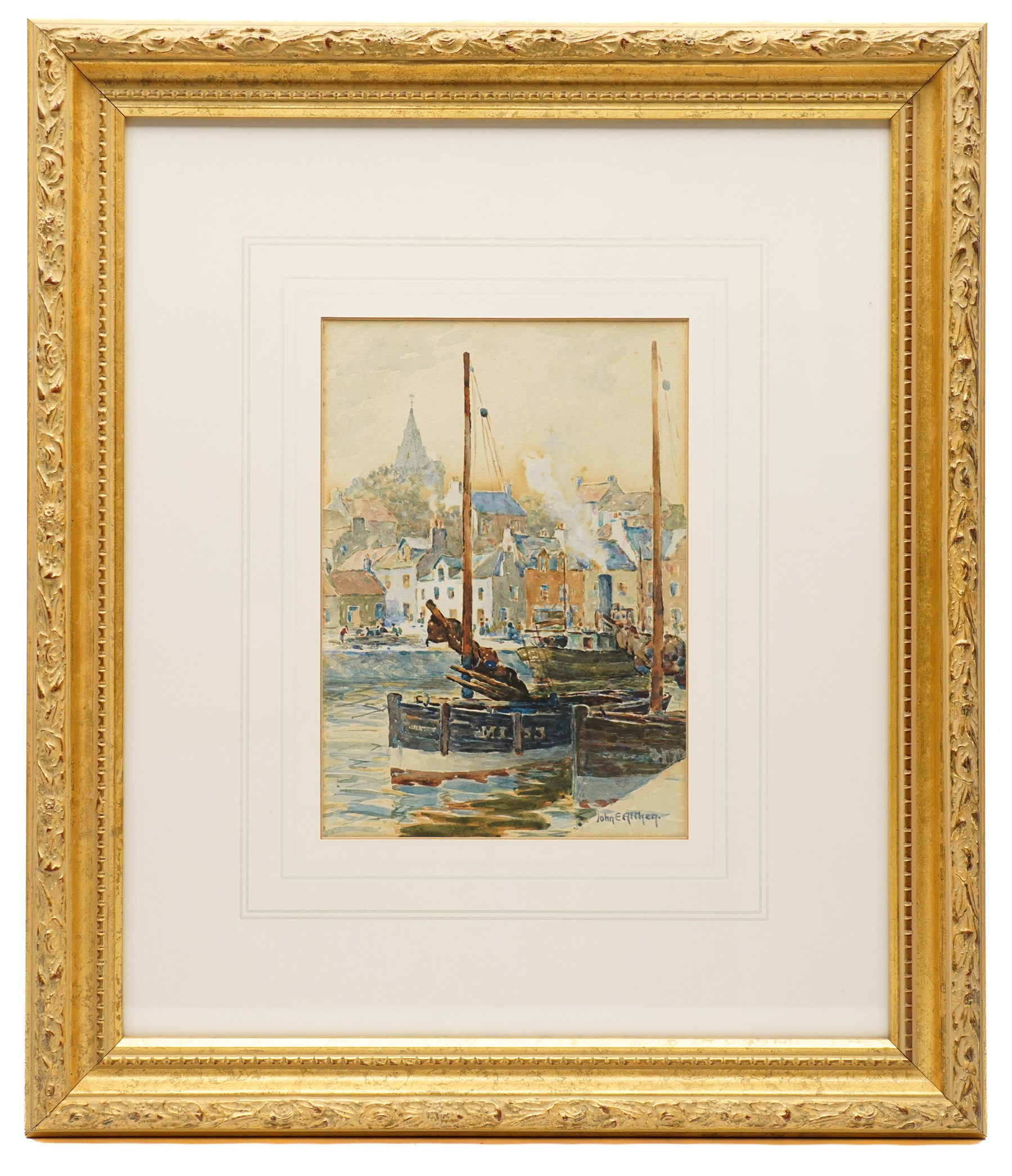 John Ernest Aitken (Scottish 1881-1957): 'An Old Scotch Fishing Town', watercolour signed, titled on label verso 24cm x 17cm; Edwin Earp (British 1851-1945): Fisherman in a Vast Loch, watercolour signed 40.5cm x 61.5cm (2)