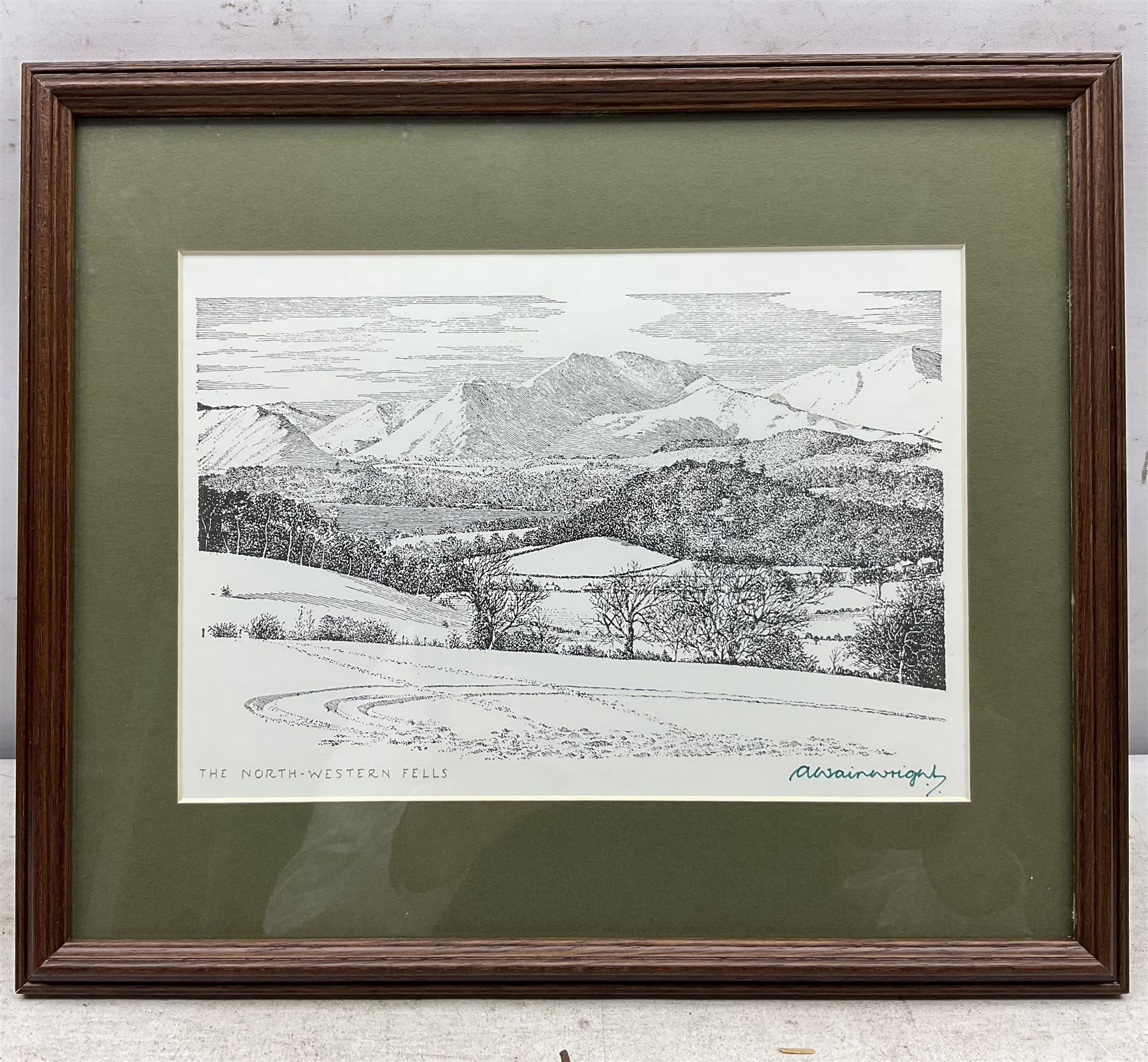Alfred Wainwright MBE (British 1907-1991): 'Richmond Castle' 'Langdale Pikes from Lingmoor Fell' 'The North-Western Fells' and 'View from Orrest Head', four monochrome prints each signed in pen by the artist max 18cm x 23cm (4)