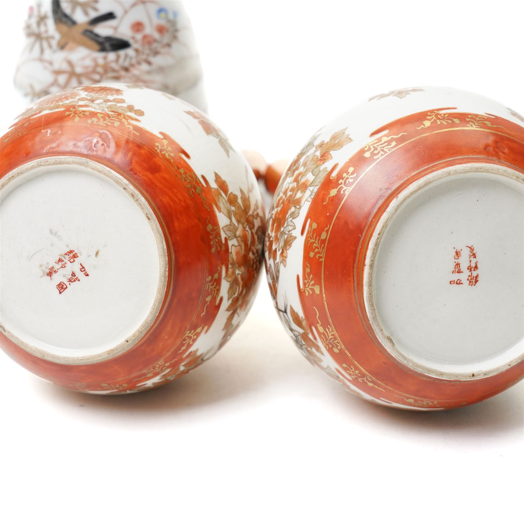 Collection of 19th century Japanese Kutani wares, including two pairs of vases, a twin handled vase painted with elder figures, and one other vase with imitation bamboo feet, painted with birds, largest H23cm (6)