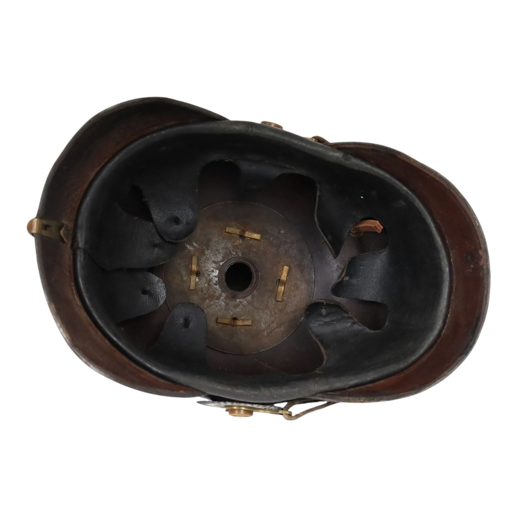 WWI Prussian M1895 Pickelhaube, Infantry 48 3rd battalion, the black leather skull with brass spike finial, brass eagle helmet plate and leather chin strap, one side with a black cockade, with leather lining  marked JR48 