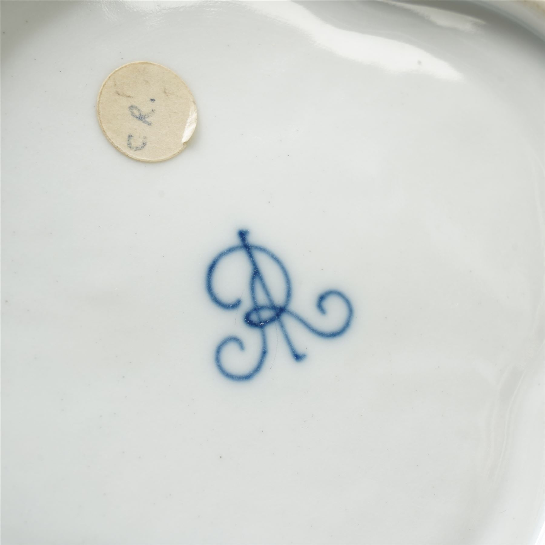 Collection of Helena Wolfsohn Dresden porcelain works, comprising a quatrefoil dish, D24cm, a chocolate cup with socketed saucer, two teacups, one with saucer, and a pair of twin-handled covered cups, each decorated with panels of flowers and courting scenes, various blue marks to bases