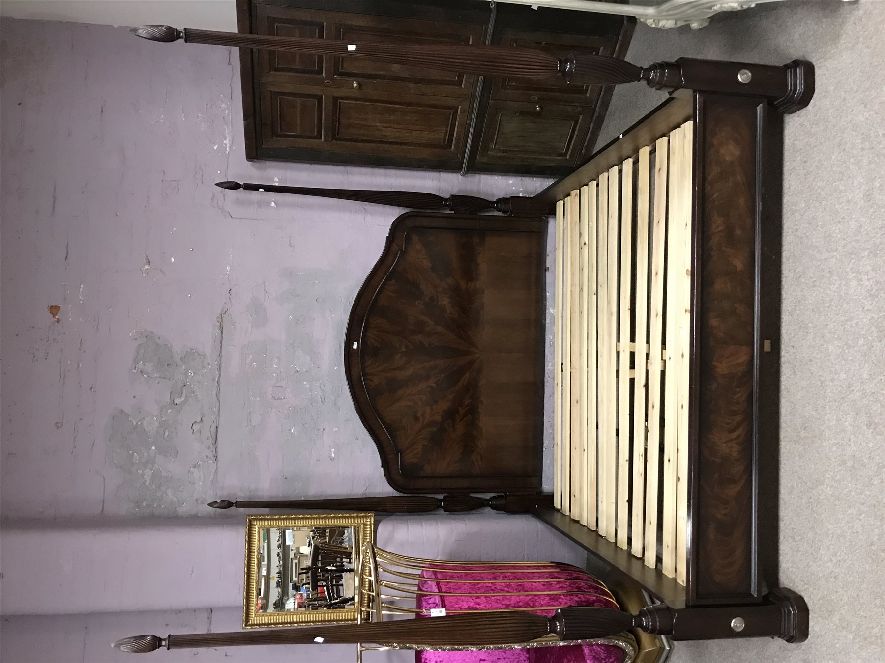 Georgian style mahogany four poster bed, W217cm, H230cm, L243cm (bed frame only)