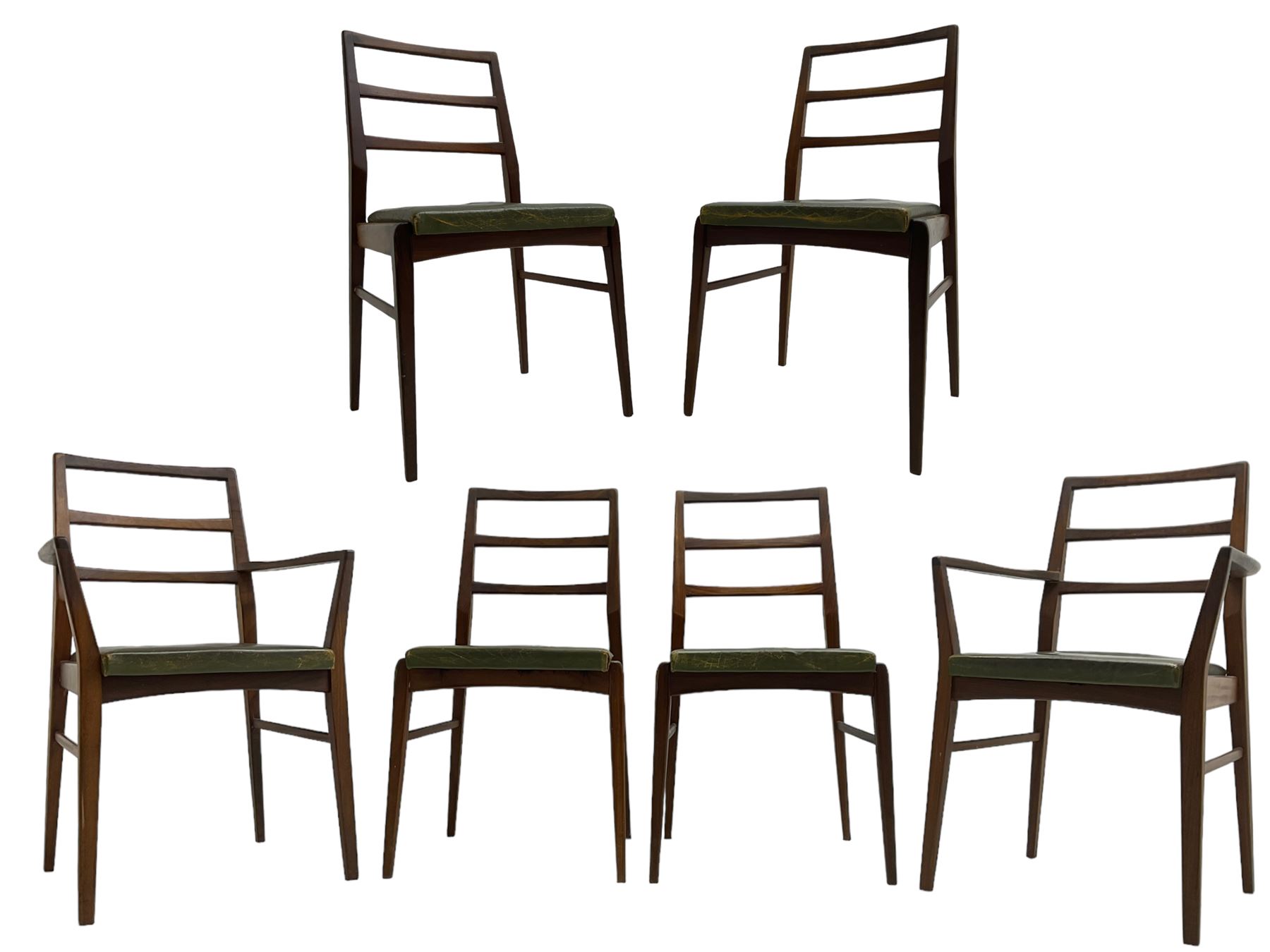Richard Hornby for Fyne Ladye - set of six (4+2) mid-20th century dining chairs, ladder back over green faux leather upholstered drop-in seat, on tapering supports