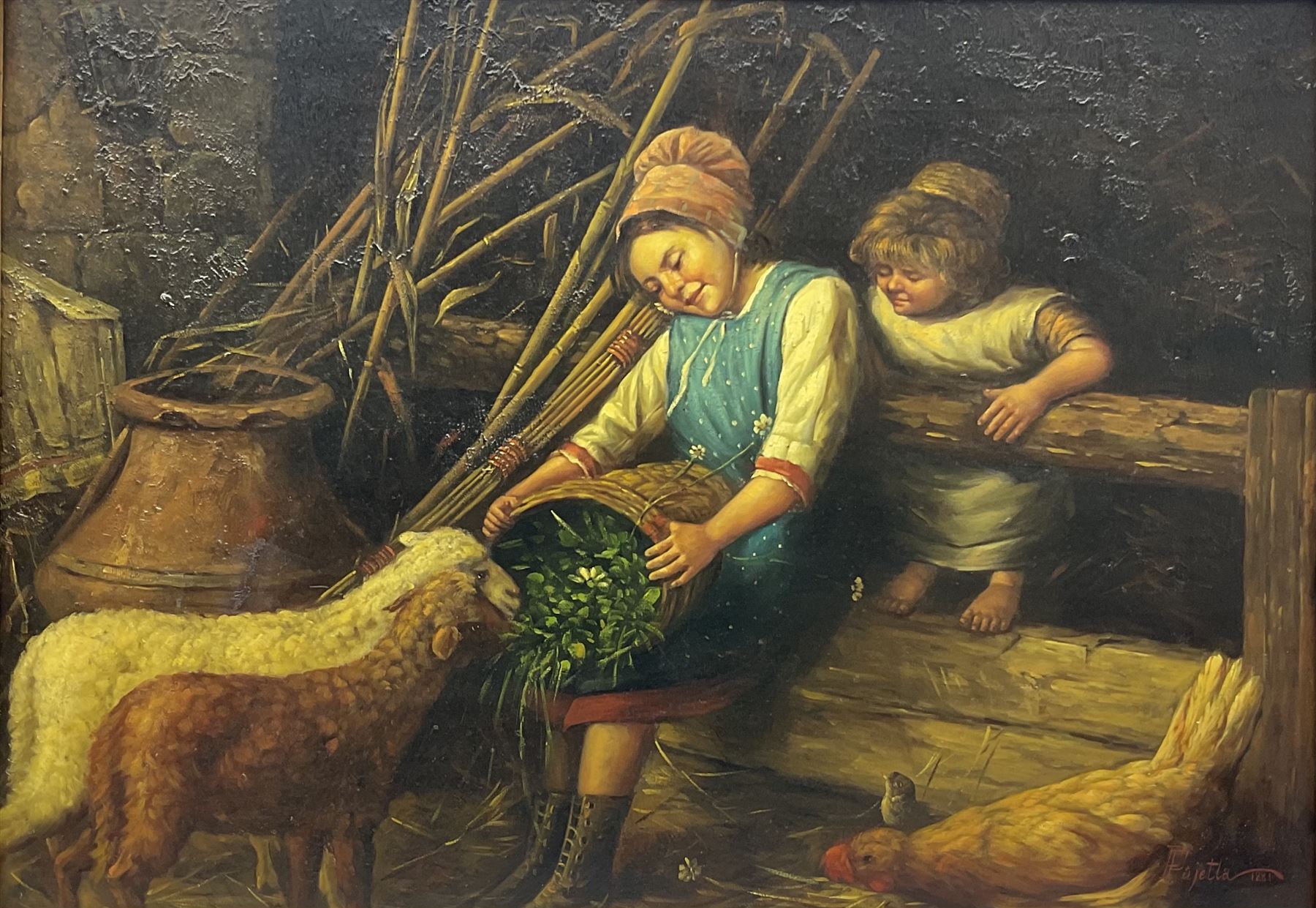 Pietro Pajetta (Italian 1845-1911): Children Feeding Lambs, oil on canvas signed and dated 1881 with a later hand 49cm x 69cm
Provenance: attributed by Gustavo Errico, Naples, with certificate