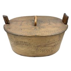 19th century Scandinavian Svepask / Tine box, the pine oval form body with notched posts and conforming lid decorated with Folk Art style pokerwork decoration and single carry handle, L38cm