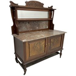 Late Victorian walnut washstand, raised back with carved pediment over bevelled mirror and marble panels, rectangular marble top, fitted with two figured panel doors, on turned supports