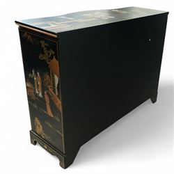 Late 20th century Chinese black lacquered sideboard, serpentine front fitted with three baize-lined drawers over four panelled cupboard doors, decorated throughout with gilt and polychrome figural and landscape scenes, on shaped apron and bracket feet 