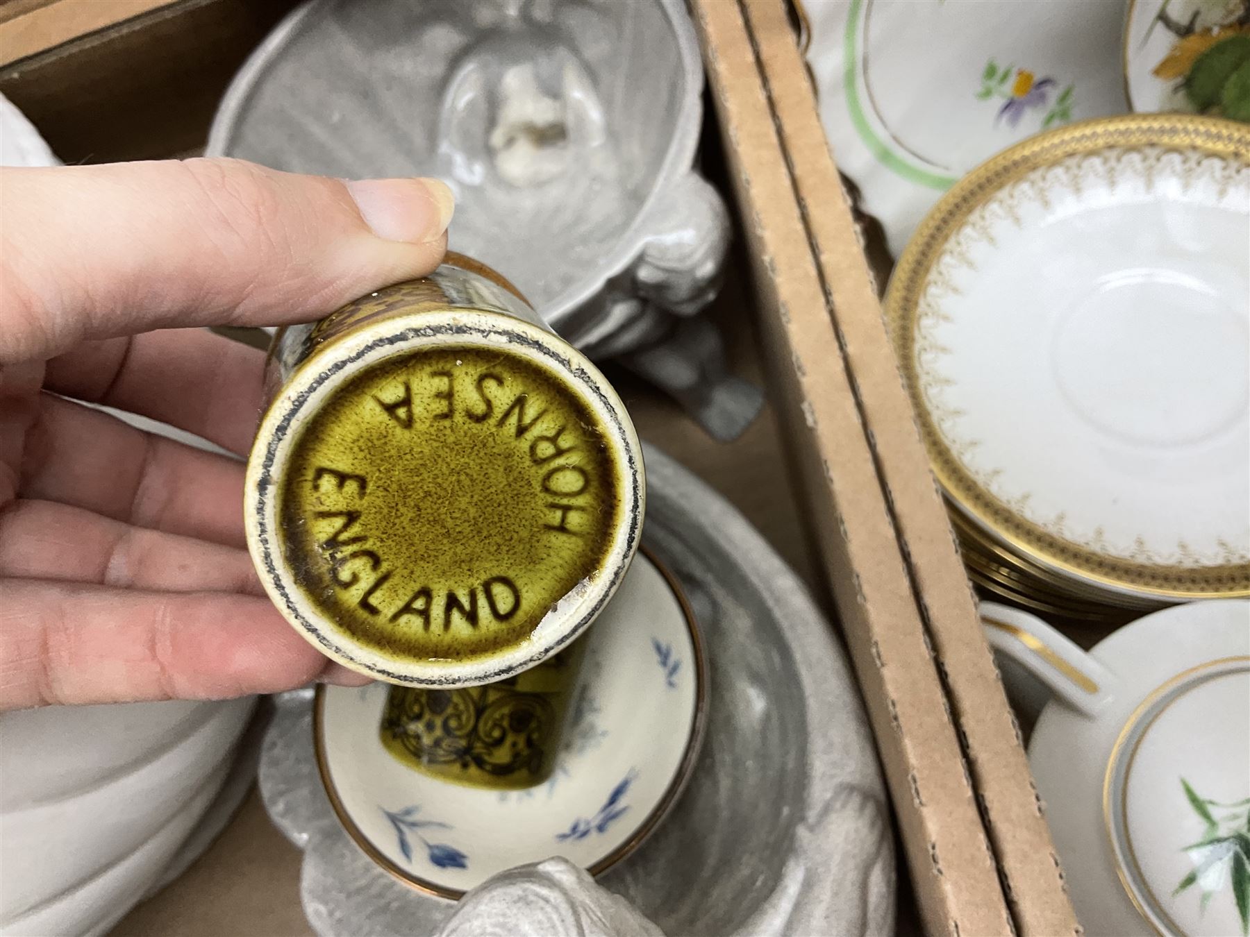 Doulton Lambeth Slaters vase of baluster form decorated with flowers, Chinese ginger jar in the form of a pumpkin, three Le Creuset red ramekins, Hornsea, Paragon Athena pattern tea wares, jardinière and other ceramics in two boxes 