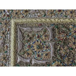 20th century large Zardozi wall hanging, hand embroidered in gold thread on black velvet ground with semi-precious stones and central medallion  149x93cm
