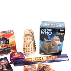 Doctor Who collectables including K-9 cookie jar, remote controlled Dalek, Interactive Electronic Board Game, air fresheners, coasters, etc