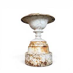 Victorian cast iron garden urn, egg and dart rim with shallow bowl, raised on stepped circular pedestal, finished in weathered white paint 