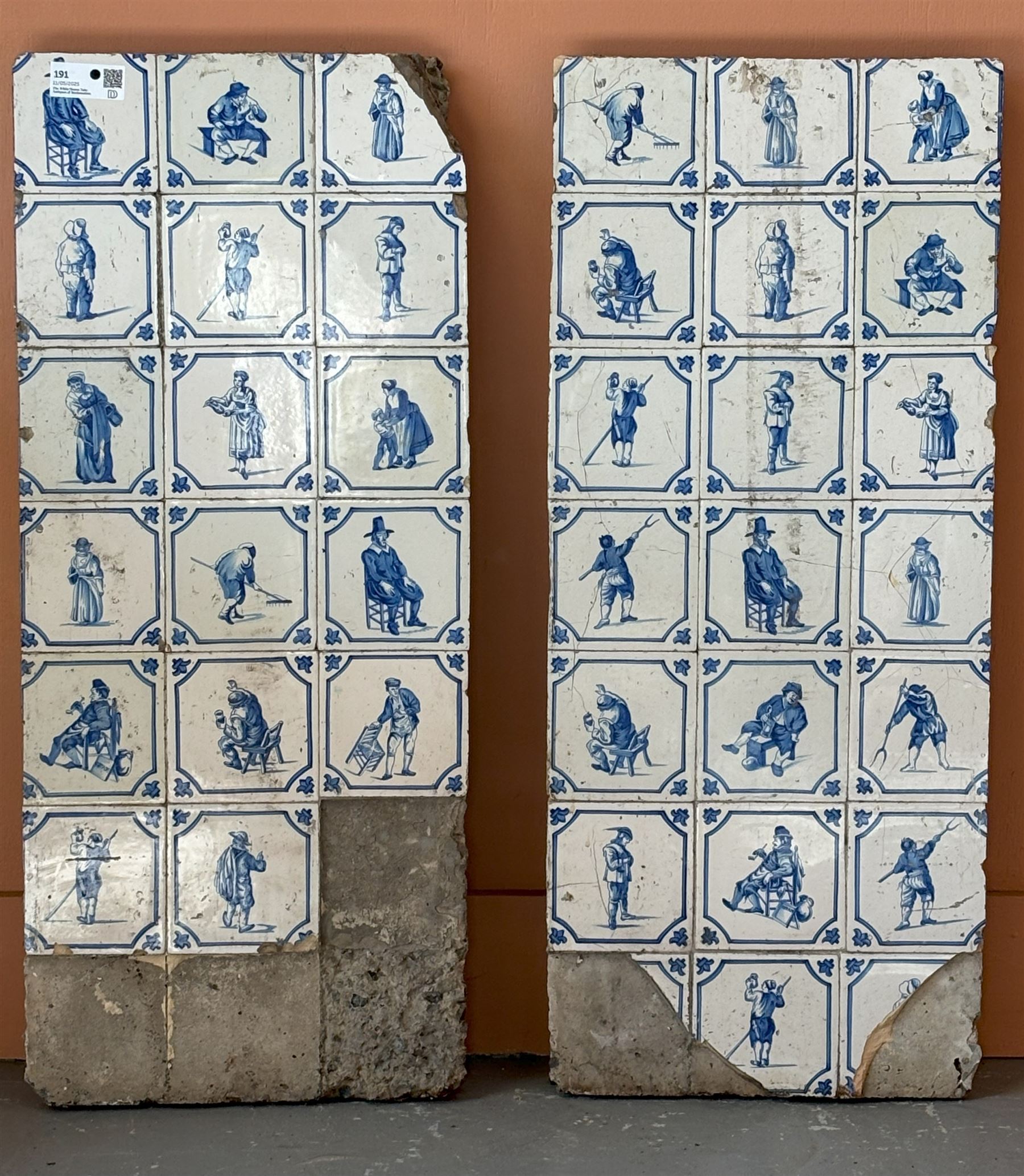 Pair of 18th century Delft tile panels, on later concrete backs. 93cm x 37cm. - COLLECTION BY APPOINTMENT FROM: The White House, Thirsk Road, Easingwold, York, YO61 3NF - CALL 01723 507111 TO ARRANGE