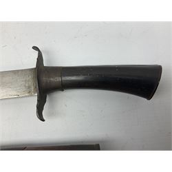 Burmese dha dagger with 15cm steel blade, white metal ferrule and horn handle, in white metal and filigree scabbard L30.5cm; a Burmese long bladed knife with horn handle and brass mounted teak scabbard; and another Eastern dagger in sheath (3)