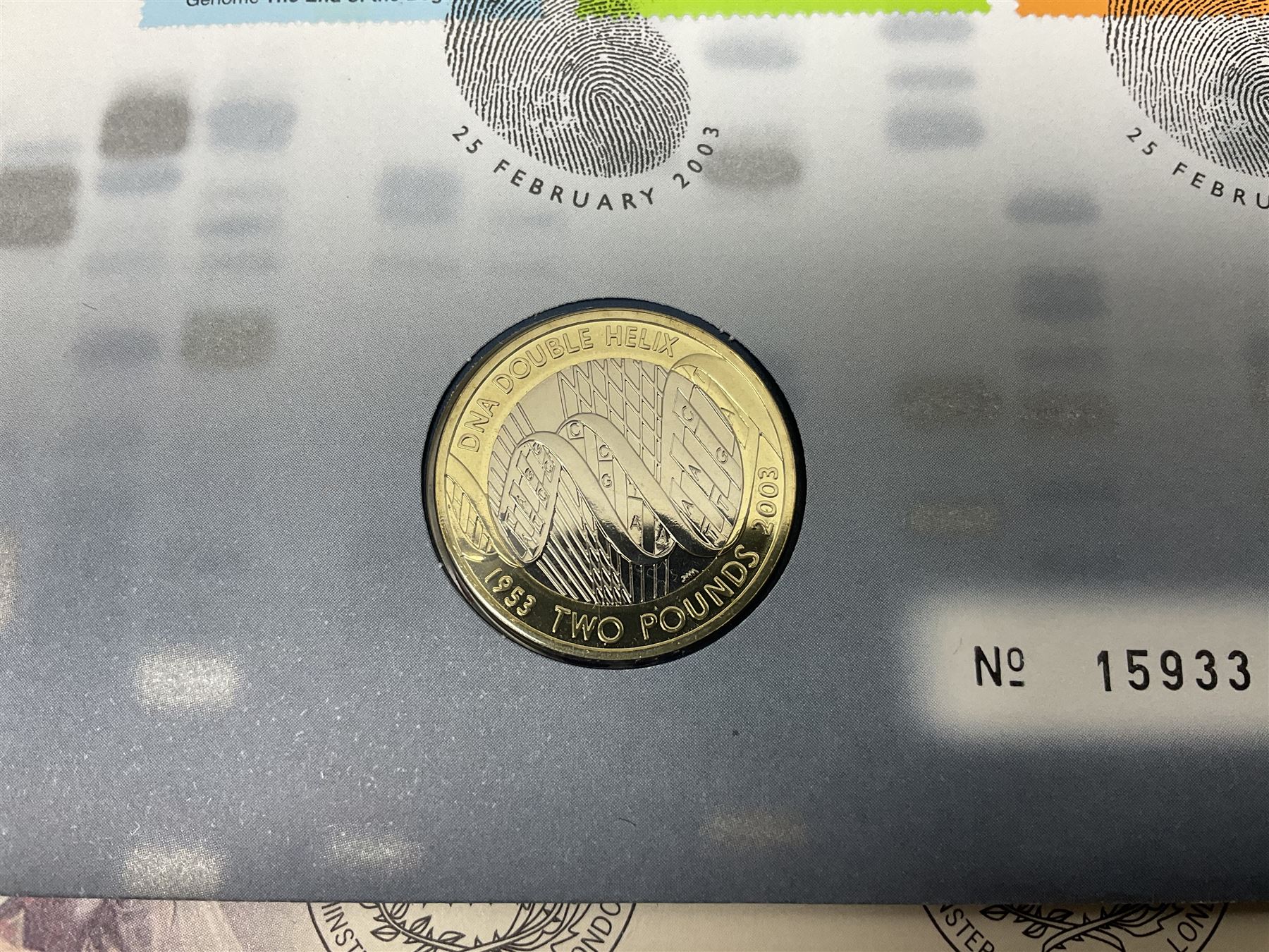 Seven The Royal Mint Royal Mail two pound coin covers, including 1999 'Rugby World Cup', 2003 'DNA Discoveries', 2004 'Classic Locomotives', 2007 '300th Anniversary of the Act of Union' etc