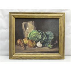Neil Tyler (British 1945-): Still Life of Stone Jug and Vegetables, oil on canvas signed 39cm x 49cm