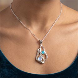 Silver and 14ct gold wire opal and moonstone pendant necklace, stamped 925