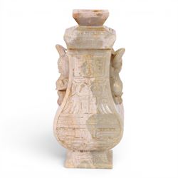 Chinese hardstone vase and cover, with lizard handles and decorated in relief, H23cm