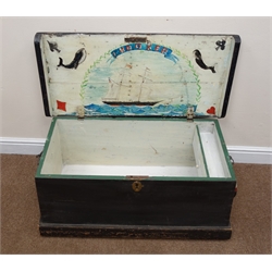 Victorian sailor's small black painted pine chest, the interior of the hinged lid painted with a twin-masted whaler with banner above inscribed 'J. Hooker', canted sides with painted rope twist handles on platform base W85cm D46cm H42cm