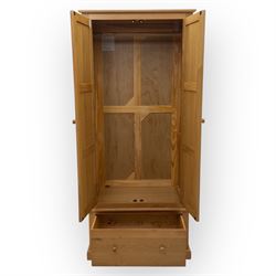 Cotswold & Co - contemporary light oak double wardrobe, plain rectangular form with twin panelled doors enclosing hanging interior, single full-width drawer below fitted with wooden knobs, on moulded plinth base