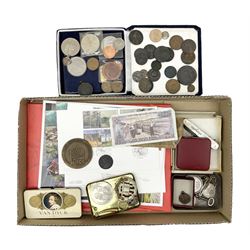 Coins, stamps and miscellaneous collectibles, including Royal Life Saving Society medal, brooches, commemorative crowns etc