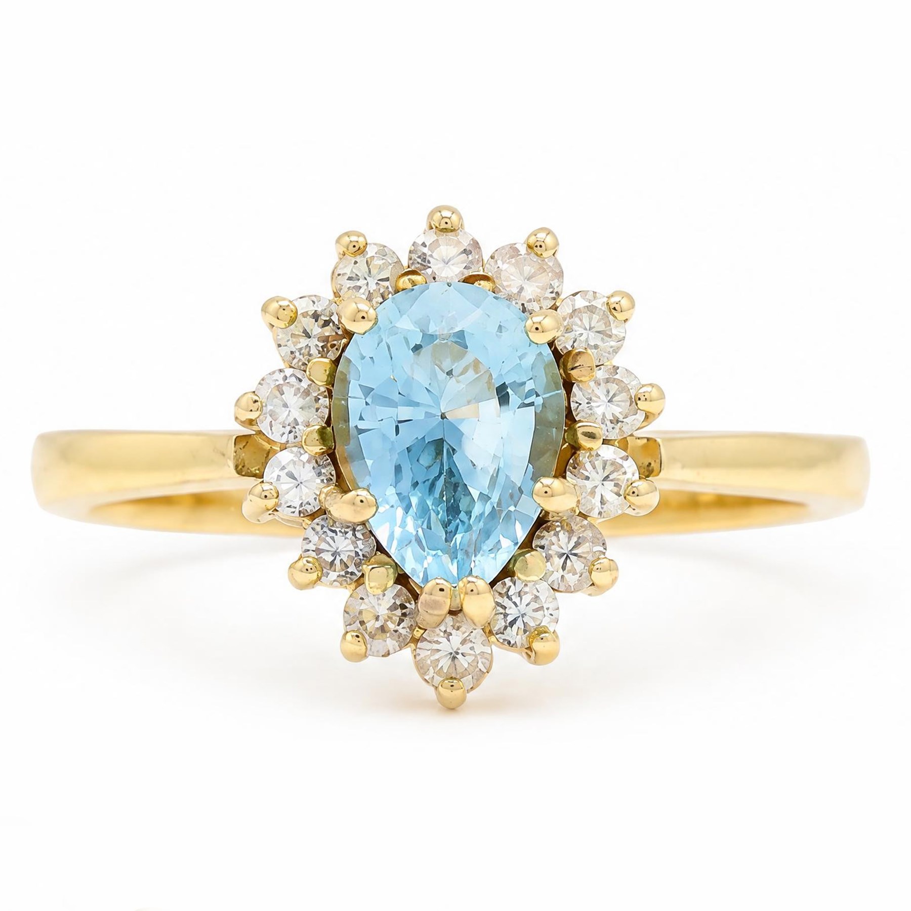 18ct gold aquamarine and diamond cluster ring, single pear cut aquamarine of approx 0.95 carat, surrounded by fourteen round brilliant cut diamonds, stamped 750
