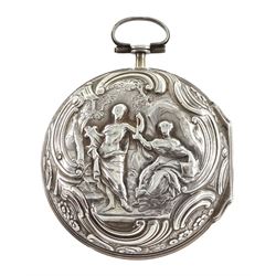Early George III silver repousse pair cased verge fusee pocket watch by Samuel Weldon, London, No. 24807,  square baluster pillars, pierced and engraved balance cock, white enamel dial with Roman hours and outer Arabic minute ring, Louis XIV hands, bull's eye glass, inner case marked D. P, London 1761, the  outer case depicting figures in a garden setting with scroll borders