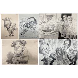 Charles Griffin (British 1946-): Collection of five political and social cartoons c.1985, including caricatures of various politicians, Crossroads characters, SDP plans for liberal takeover etc (5) (unframed)