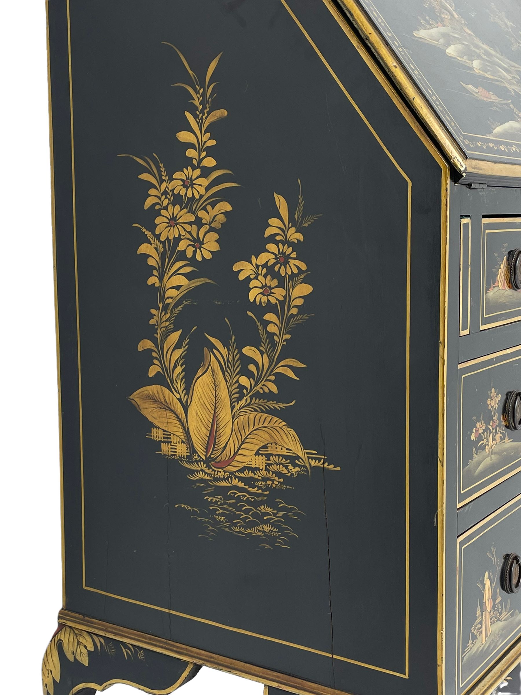 Early 20th century Chinoiserie lacquered bureau, raised gilt decoration, fall front enclosing divisions and drawer, three graduating long drawers, on cabriole supports