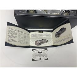 Two Corgi DC Comics die-cast Batmobiles comprising 1:18 scale die-cast Limited Edition Pre-Production Raw Metal Casting 1940 Batmobile Roadster no. 184/300, and 1:24 scale die-cast Limited Edition Raw Metal Casting 1960 Batmobile no. 858/1000, both with original boxes and certificates of authenticity 