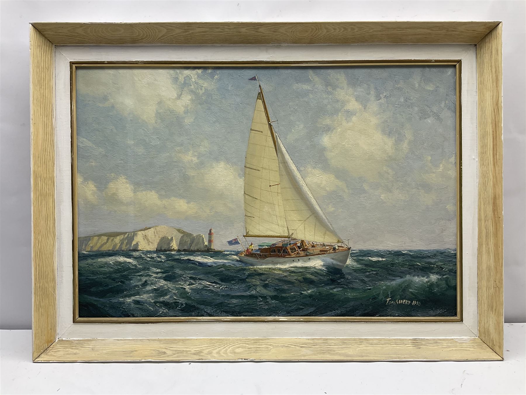 Tom Lowery (20th century): Racing Yacht 'Phylene' off the Needles Isle of Wight, oil on canvas covered board signed and dated 1968, titled verso 49cm x 75cm