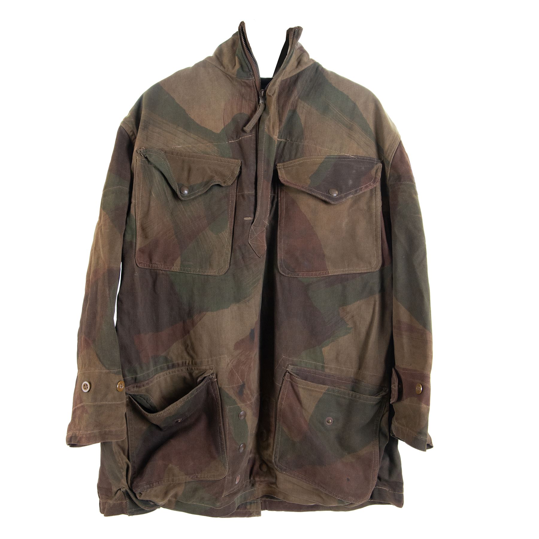 WWII British parachute regiment dennison smock with four front pockets, half zip and crutch strap size 3 dated 1944, together with over smock, with two pockets and crutch strap, size 2 dated 1944