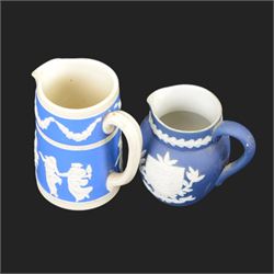 19th century and later ceramic jugs, including small Royal Crown Derby example, painted with florals and gilt leaves, Adams Jasperware Hull jug with town crest, floral KPM example and a Georgian example inscribed Joshua Longfield 1921, etc, tallest H12cm